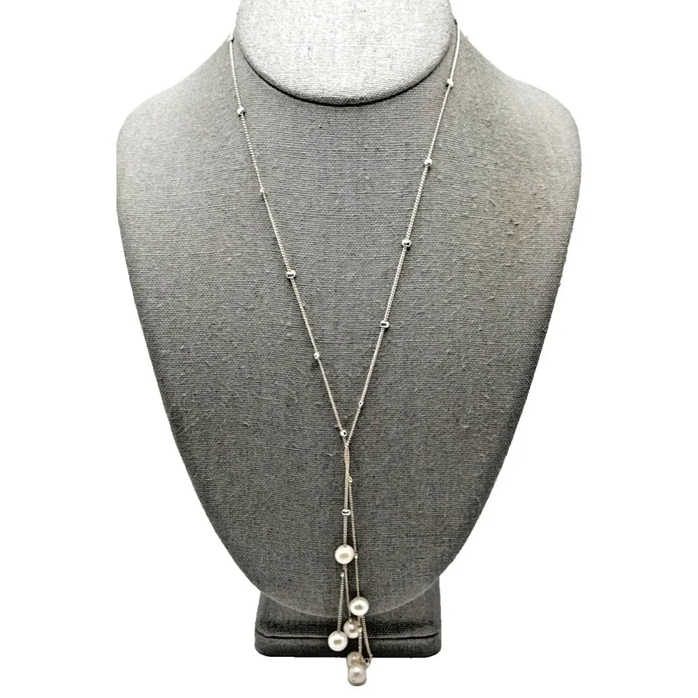 Genuine Pearl Lariat Station Necklace Silver Plated Long Minimalist Statement